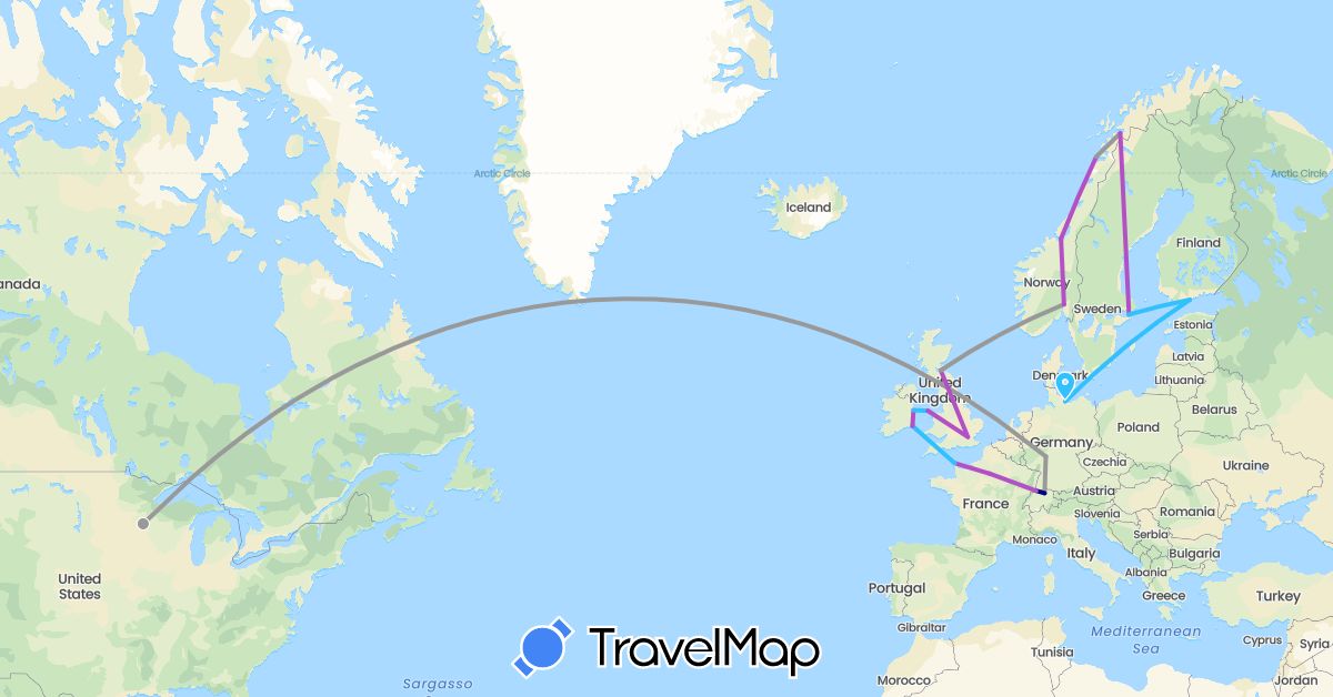 TravelMap itinerary: driving, plane, train, boat in Switzerland, Germany, Finland, France, United Kingdom, Ireland, Norway, Sweden, United States (Europe, North America)