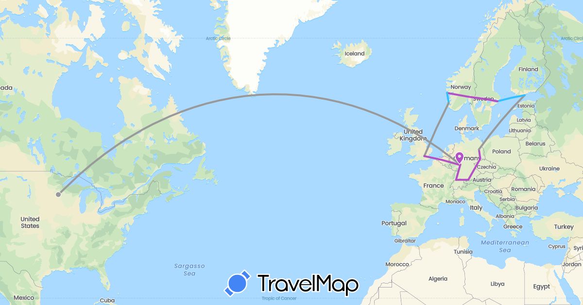 TravelMap itinerary: driving, plane, train, boat in Switzerland, Germany, Finland, United Kingdom, Norway, Sweden, United States (Europe, North America)